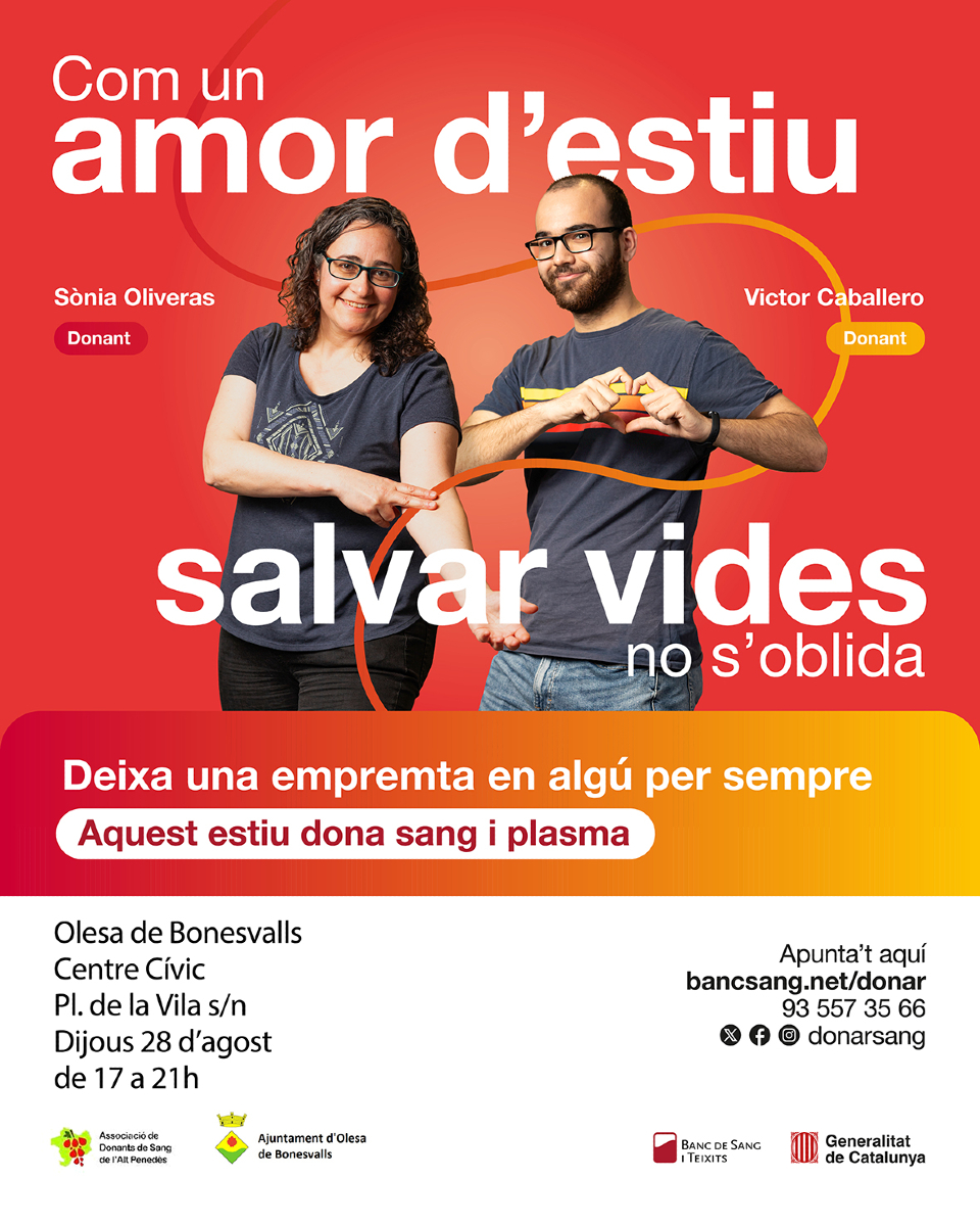 Vine a donar sang a #OlesadeBonesvalls  💉🩸

T'esperem al Centre Cívic 📍
Dijous 28 d'agost 🗓
De 17 a 21 h ⏲

Vindràs❓ 🙌🏼