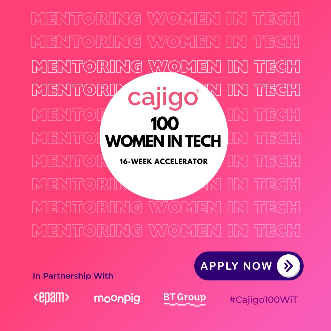 CajigoApp's tweet photo. Calling all #womenintech, applications are open for our 16-week accelerator to fast your career in tech 📣

This year powered by @MoonpigUK @EPAMSystems and @BTGroup ✨

Only 100 seats available. 
Further information &amp; apply here 
👇
https://t.co/1s3sGZLwJ9 https://t.co/ZzLJlDlRCn