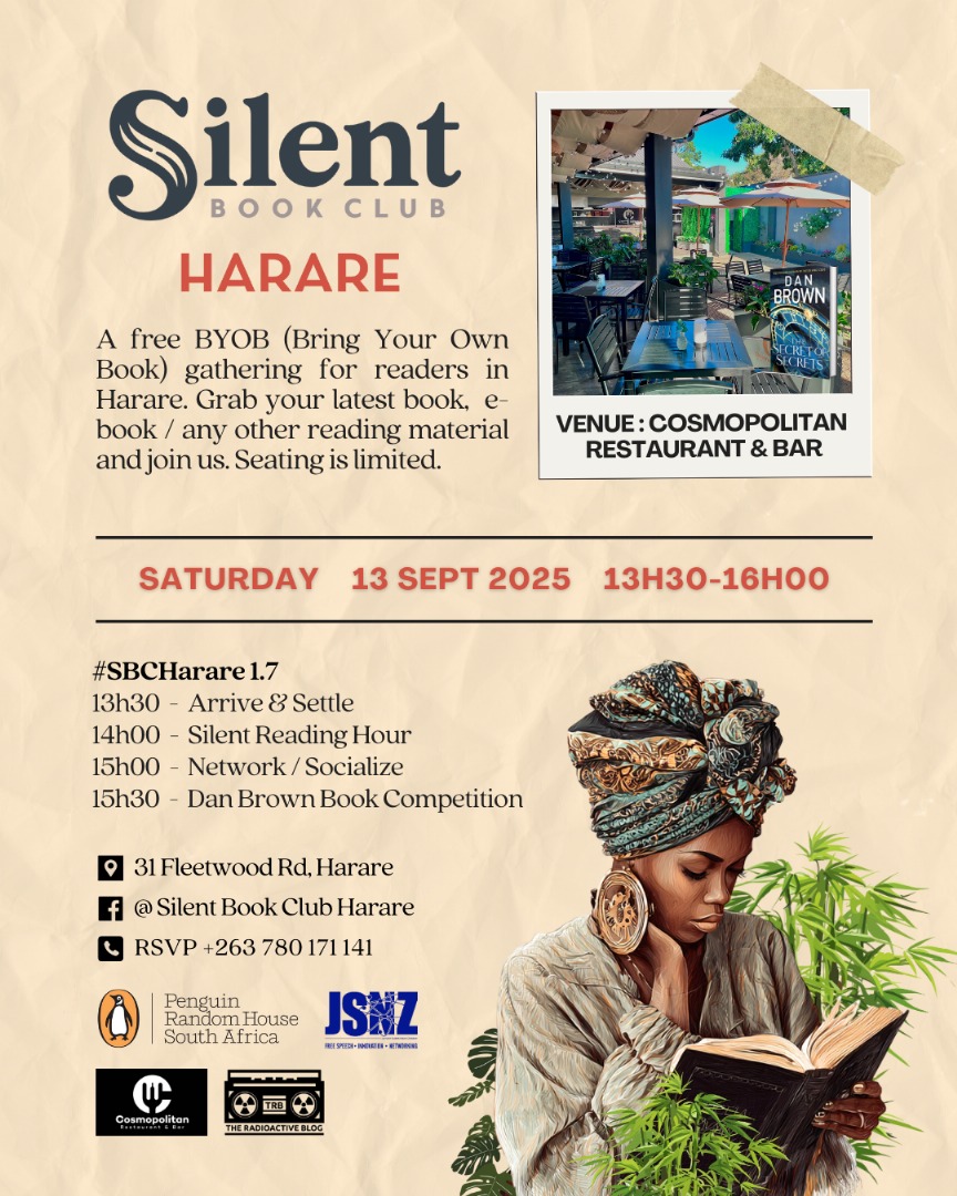 Journalism Students Network Of Zimbabwe ๐ฟ๐ผ (@jsnetzim) on Twitter photo Looking for some quiet reading time or a chance to connect with fellow book lovers in Harare..Silent Book Club is the perfect space for you.
Join us on September 13th at Cosmopolitan Restaurant for our #SBCHarare event in partnership with <a href="/Radioactive_Hub/">The Radioactive Blog - Creative Consultancy</a> #SBCHarare #jsnetzim Looking for some quiet reading time or a chance to connect with fellow book lovers in Harare..Silent Book Club is the perfect space for you.
Join us on September 13th at Cosmopolitan Restaurant for our #SBCHarare event in partnership with <a href="/Radioactive_Hub/">The Radioactive Blog - Creative Consultancy</a> #SBCHarare #jsnetzim