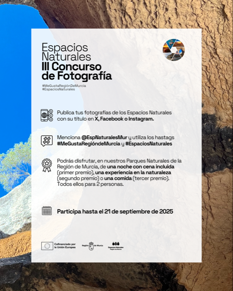 Espacios Naturales Región de Murcia (@espnaturalesmur) on Twitter photo ¡Participa en nuestro III Concurso de Fotografía y gana fantásticos premios! 👉 Sube hasta 3 fotos con su TÍTULO.
ETIQUÉTANOS <a href="/EspNaturalesMur/">Espacios Naturales Región de Murcia</a> y utiliza los HASTAGS del concurso #MeGustaRegiónDeMurcia #EspaciosNaturales
Bases:
murcianatural.carm.es/c/document_lib…
#DíaMundialDeLaFotografía ¡Participa en nuestro III Concurso de Fotografía y gana fantásticos premios! 👉 Sube hasta 3 fotos con su TÍTULO.
ETIQUÉTANOS <a href="/EspNaturalesMur/">Espacios Naturales Región de Murcia</a> y utiliza los HASTAGS del concurso #MeGustaRegiónDeMurcia #EspaciosNaturales
Bases:
murcianatural.carm.es/c/document_lib…
#DíaMundialDeLaFotografía