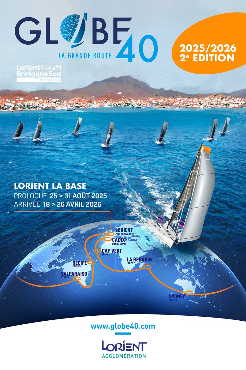 🌎 Globe40, la grande route | 2e édition
🏁 J-10 avant le départ du prologue depuis #Lorient
⛵ Pour un tour du monde en 8 mois &amp; 6 escales en Class40
🙌 RDV dimanche 31 août pour encourager les skippers
🤩 Et dès lundi 25 pour découvrir les bateaux aux pontons de Lorient la Base