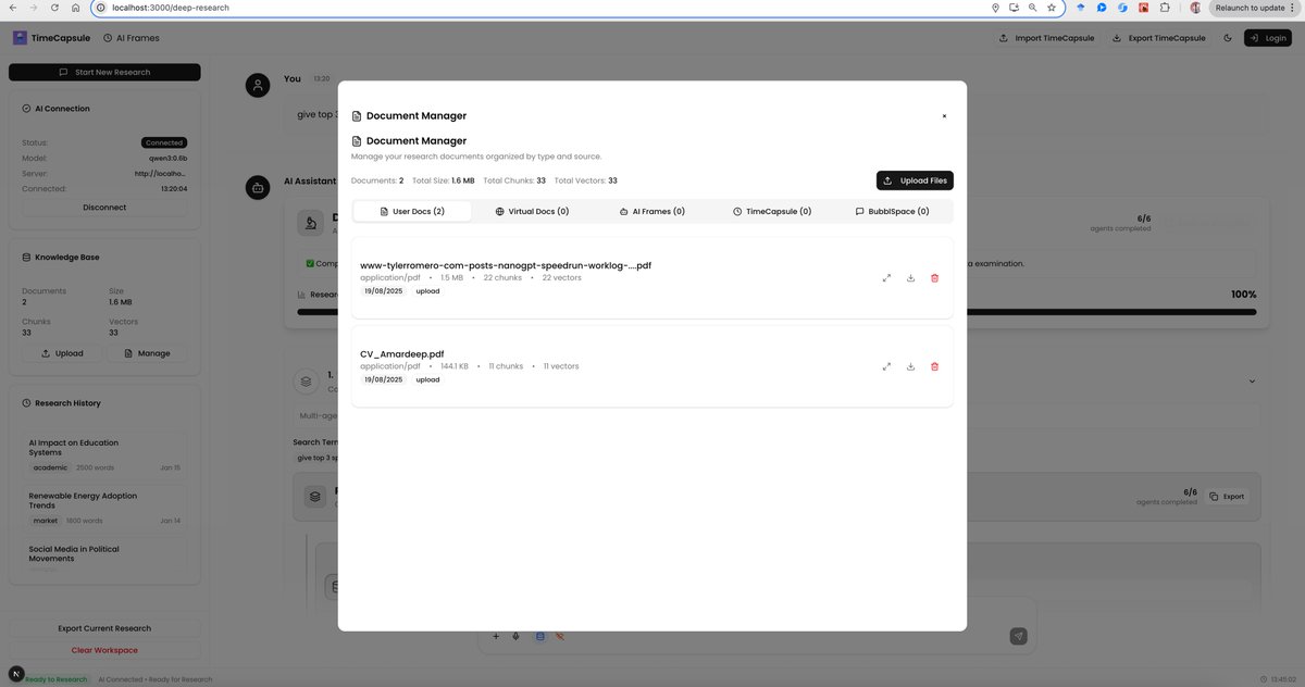 thefirehacker's tweet image. 🔥1+ month of effort and first signs of success!
Final Product: TimeCapsule-SLM
 An Open Source Deepresearch that works in browser with Qwen 3 0.6b(ollama) that has semantic understanding , provide insights &amp;amp; generate novel ideas .  Privacy first local Deep Research.

👽…