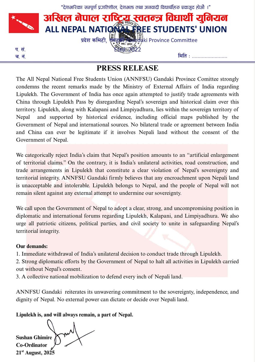 नेपाली भुमि लिपुलेक , लिम्पियाधुरा र कालापानी माथीको हस्तक्षेपको कडा बिरोध गर्दछौं ! <a href="/PMOIndia/">PMO India</a> <a href="/PM_nepal_/">PMO</a> <a href="/MofaNepal/">MOFA of Nepal 🇳🇵</a>