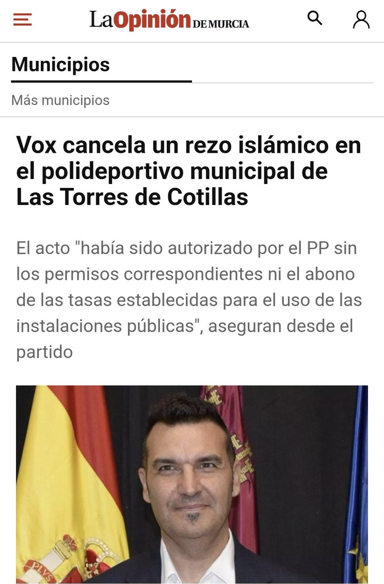 🔴Nuestro concejal Pablo Alberto Ruiz logra la cancelación del rezo islámico en el polideportivo de Las Torres de Cotillas, defendiendo la cultura católica-cristiana y el cumplimiento de la ley.

Donde VOX gobierna no hay sitio para incumplir la ley.
🔗laopiniondemurcia.es/municipios/202…