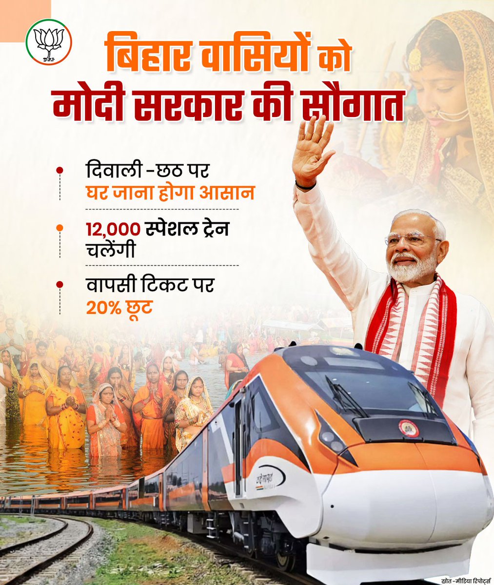 बिहारवासियों की खुशियां दोगुनी कर रही मोदी सरकार।  

आगामी त्योहारों पर 12,000 स्पेशल ट्रेनों से दिवाली-छठ घर मनाना होगा आसान। 

#NDA4Bihar