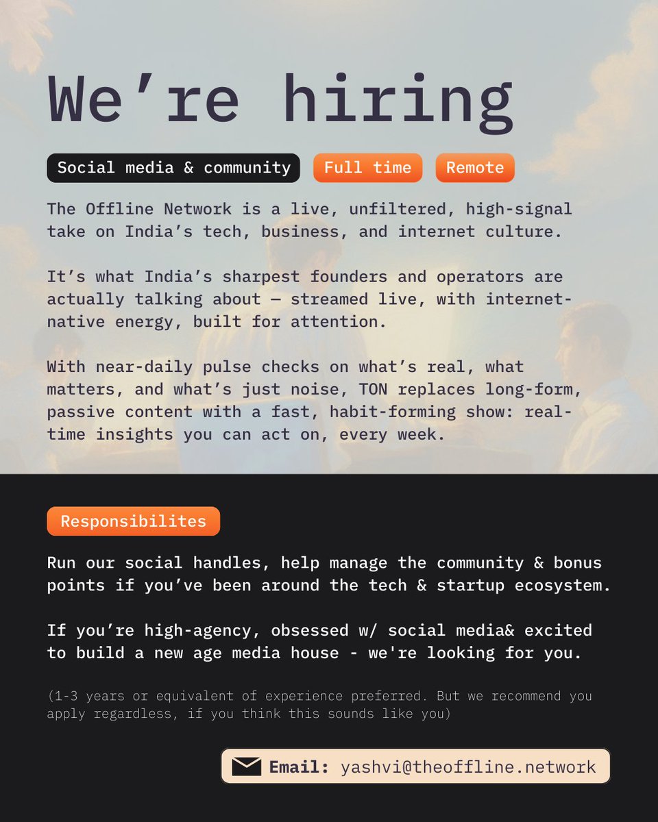 Utsav Somani (@somani_utsav) on Twitter photo 📣 We're hiring at <a href="/OfflineOnAir/">The Offline Network</a>!
₹30K bounty if we end up hiring your referral, tag them below 👇 📣 We're hiring at <a href="/OfflineOnAir/">The Offline Network</a>!
₹30K bounty if we end up hiring your referral, tag them below 👇
