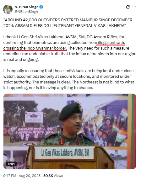 Sumkawn's tweet photo. The number of outsiders who have entered Manipur since the onset of #ManipurViolence will exceed 42000 if we consider all the transnational Meitei militants (VBIGs) from Myanmar who have illegally entered the region. Despite these facts, the former Chief Minister of Manipur, Biren, describes the civilian entrants from Myanmar as "illegal," even in the face of biometric evidence.   
Read more: https://t.co/CLPNj1Kbzu

@RajBhavManipur @official_dgar @Spearcorps @HMOIndia @DefenceMinIndia @PIBHomeAffairs @MIB_India @adgpi @BSF_India @PMOIndia @ukhrultimes @manipur_police @CBIHeadquarters @NIA_India