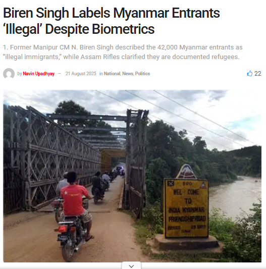 Sumkawn's tweet photo. The number of outsiders who have entered Manipur since the onset of #ManipurViolence will exceed 42000 if we consider all the transnational Meitei militants (VBIGs) from Myanmar who have illegally entered the region. Despite these facts, the former Chief Minister of Manipur, Biren, describes the civilian entrants from Myanmar as "illegal," even in the face of biometric evidence.   
Read more: https://t.co/CLPNj1Kbzu

@RajBhavManipur @official_dgar @Spearcorps @HMOIndia @DefenceMinIndia @PIBHomeAffairs @MIB_India @adgpi @BSF_India @PMOIndia @ukhrultimes @manipur_police @CBIHeadquarters @NIA_India