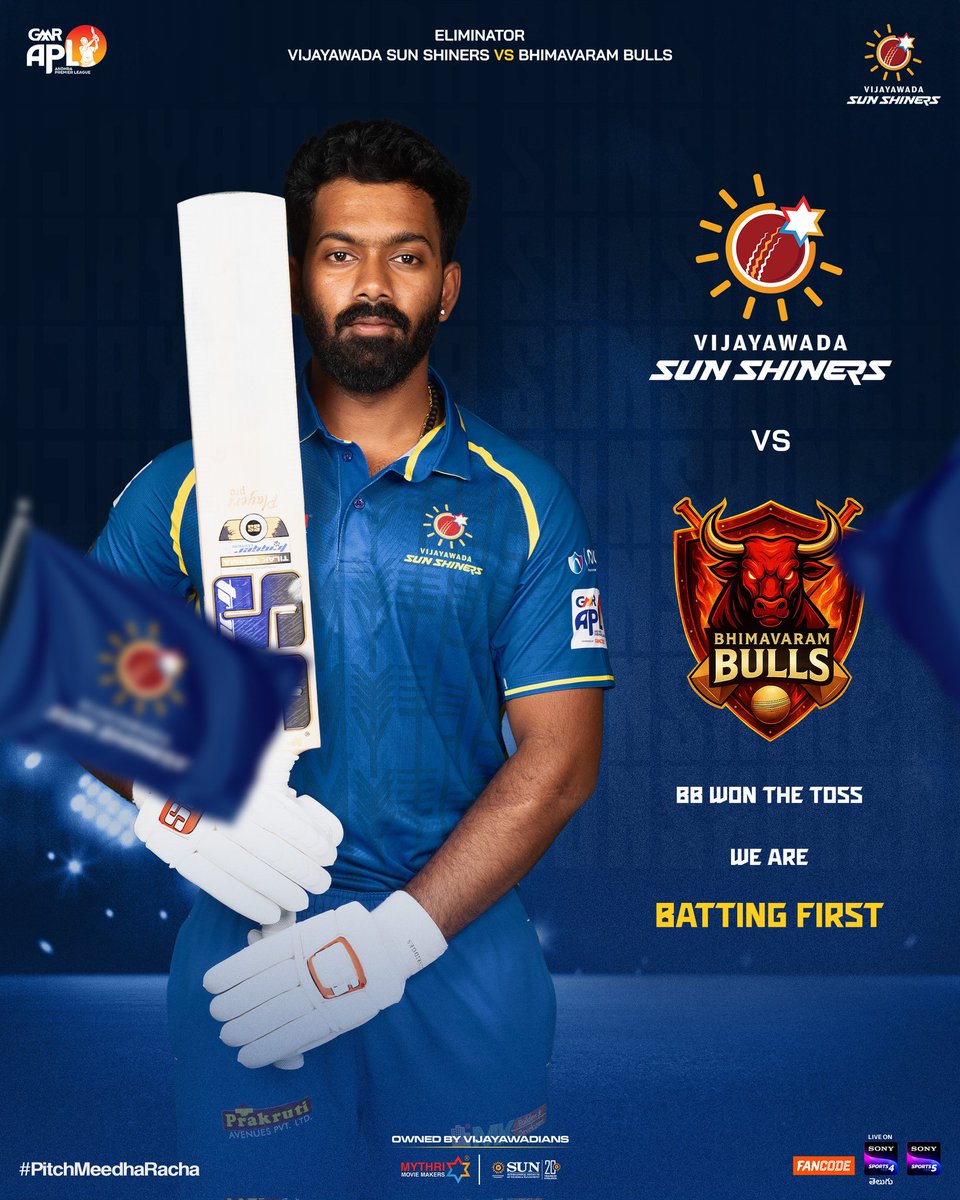 #BhimavaramBulls won the toss, and we are batting first in the eliminator.

Our batsmen are padded up and aiming for a big total 💥

Watch us play live on Fancode App, Sony Sports 4 &amp; Sony Sports 5.

#PitchMeedhaRacha 🏏

<a href="/vjasunshiners/">Vijayawada Sun Shiners</a> <a href="/MythriOfficial/">Mythri Movie Makers</a> @andhrat20league