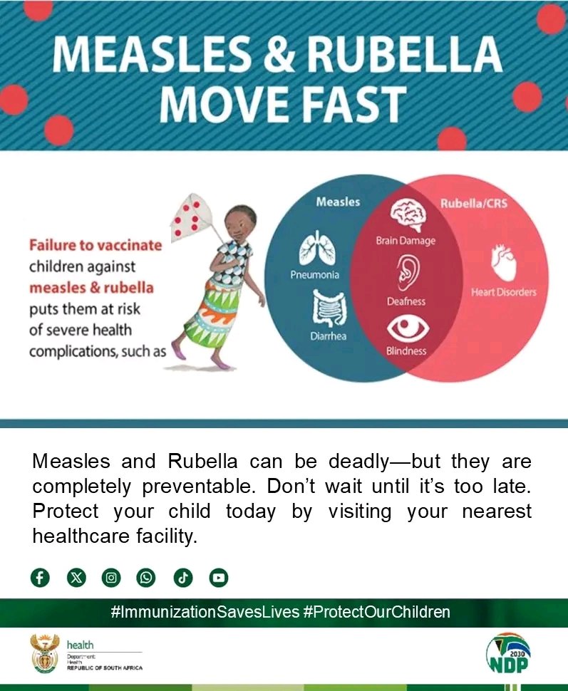 HealthZA's tweet photo. #RoutineImmunisation Measles and Rubella can be deadly—but they are completely preventable. Don’t wait until it’s too late. Protect your child today by visiting your nearest healthcare facility.

#ImmunizationSavesLives #ProtectOurChildren @UNICEF_SA https://t.co/GePtZTnykx