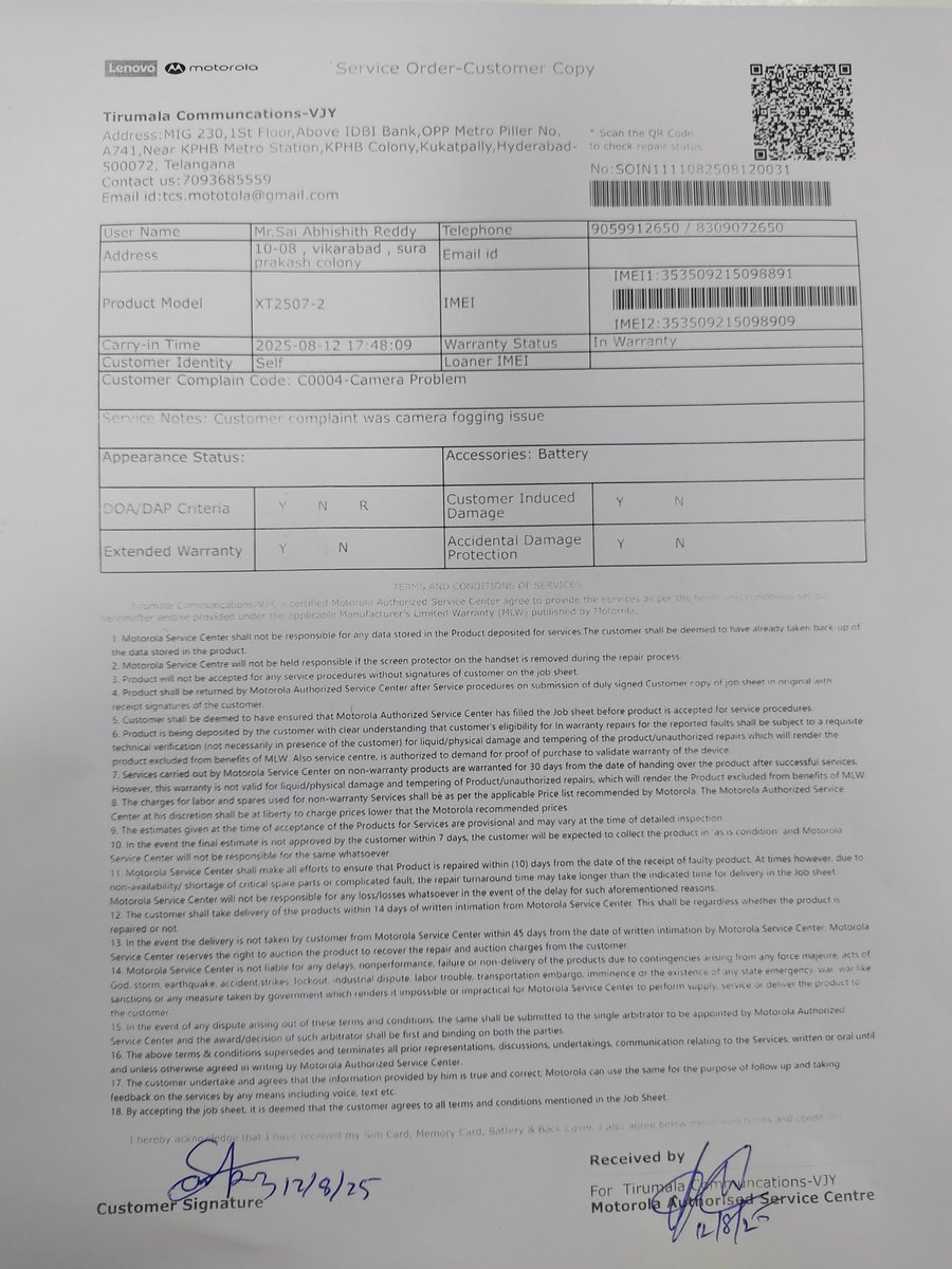 abhi231002's tweet photo. > @motorolaindia Bought Motorola Edge 60 Pro on 11/08/25.
Day 1 defect: Camera fogging.
Service Centre (SO No: 1111082508120031) says no repair &amp; no replacement (7-day policy ignored).
Complaint filed with @jagograhakjago – ID 7679627. Need urgent action. #ConsumerRights https://t.co/zTTqDItwSO
