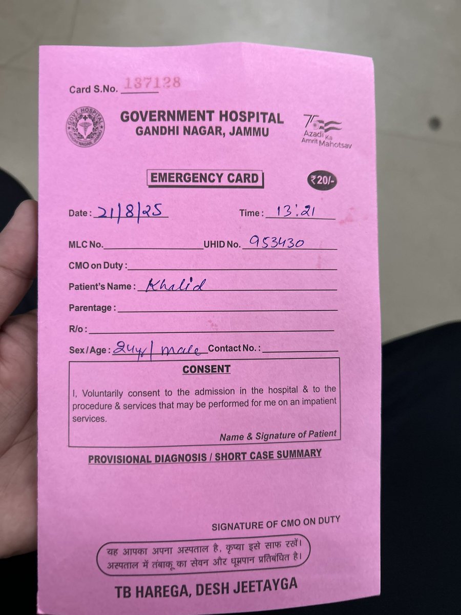 SAQLAINMUJTABA7's tweet photo. I went to Emergency of govt hospital Gandhi nagar, Jammu to get my friend checked as he was ill and was prescribed IV with infusion of PCM 1g unfortunately this important injection was not available in the stock. This shows the the hospital administrations negligence. https://t.co/GRF1HZLuJM