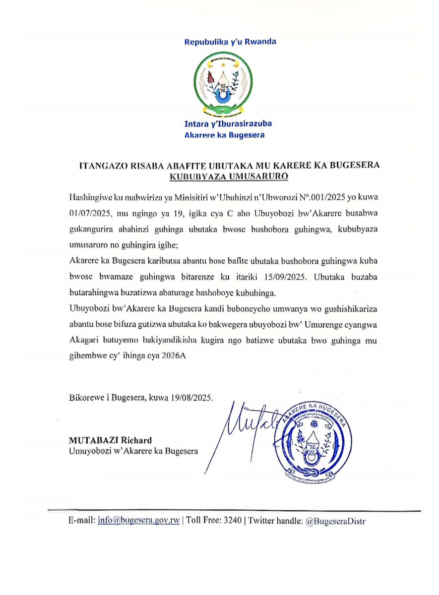 Mu rwego rwo gukomeza kwihaza mu biribwa, Ubuyobozi bw’Akarere ka #Bugesera burasaba abafite ubutaka bwera (imirima, ibibanza, ...) kububyaza umusaruro bwose babuhinga, kandi ku gihe. 

ITANGAZO👇🏿👇🏿👇🏿