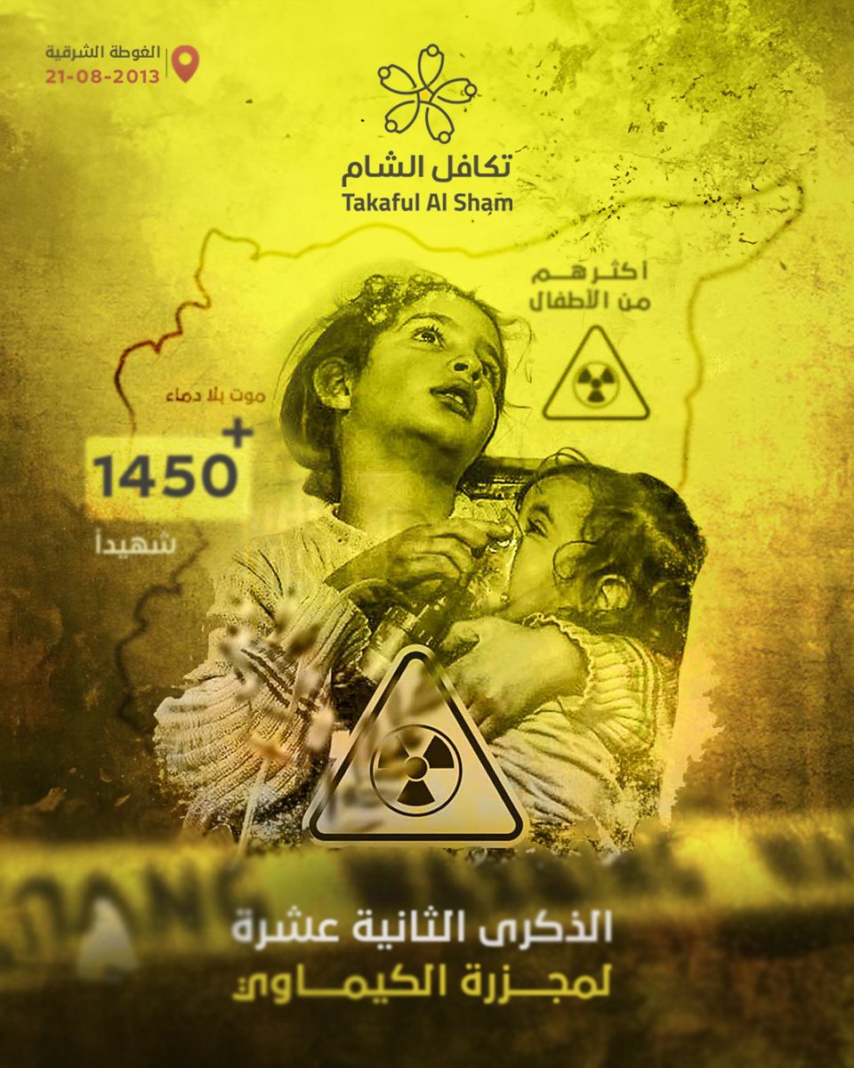 takafulalsham's tweet photo. في فجرٍ خانق، لم يكن الهواء كما اعتدناه حياةً، بل صار سُمًّا يسرق الأنفاس ويخطف الأرواح ☠️.
في 21 آب 2013، غطّت #الغوطة_الشرقية والغربية غيمة كيماوية قاتلة، لتصحو على صرخة مروّعة سقط ضحيتها أكثر من 1450 إنسانًا، جلّهم من الأطفال والنساء.
#مجزرة_الكيماوي لم تكن مجرد حدثٍ عابر، بل جرح مفتوح يذكّرنا كل عام بوحشية آلة القتل وصمت العالم 🌍.
اثنتا عشرة سنة مرّت… وما زالت الغوطة تبكي شهداءها، وما زال السوريون يحملون الذاكرة كأمانة ونداء ل��عدالة 🕊️.

At a suffocating dawn, the air was no longer life as we knew it, but poison stealing breaths and taking lives ☠️.
On August 21, 2013, a deadly chemical cloud covered Eastern and Western Ghouta, waking up to a horrific cry that claimed the lives of more than 1,450 people, most of them children and women.
The chemical massacre was not just a passing event, but an open wound that reminds us every year of the brutality of the killing machine and the silence of the world 🌍.
Twelve years have passed… and Ghouta is still mourning its martyrs, while Syrians continue to carry the memory as a trust and a call for justice 🕊️.

#12_عامًا_على_الكيماوي #دمشق
#Ghouta #ChemicalMassacre