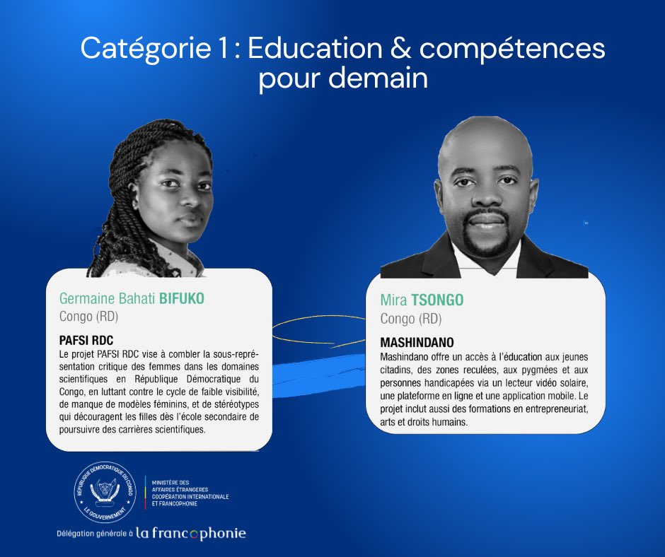 dgfrdc's tweet photo. Deux jeunes Congolais, @GermaineBAHATI et @TsongoMiraTshisola ont été sélectionnés par l’@OIFrancophonie pour contribuer à repenser l’éducation et outiller la jeunesse francophone face aux défis de demain.
#talents #connexions #opportunités https://t.co/1pp5pAi7uZ