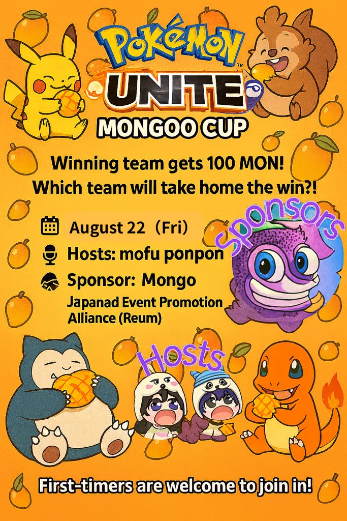 🎉 Pokémon UNITE Special Cup!
🥭 MONGOO CUP is coming tomorrow!
🏆 Winning team gets 100 MON!
💥 Who’s gonna take the crown this time?!

📅 Aug 22 (Fri), 11:00 PM JST
🎙 Hosts: mofu &amp; ponpon（<a href="/0xponpon/">ponpon</a> ）
🤝 Sponsored by:mongoo（<a href="/mon_go_nad/">mongoo.nad</a> ） &amp; Japanad Event Promotion Alliance