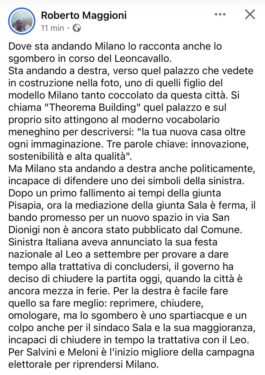 Da Roberto Maggioni di RadioPop due righe per inquadrare lo sgombero del Leo