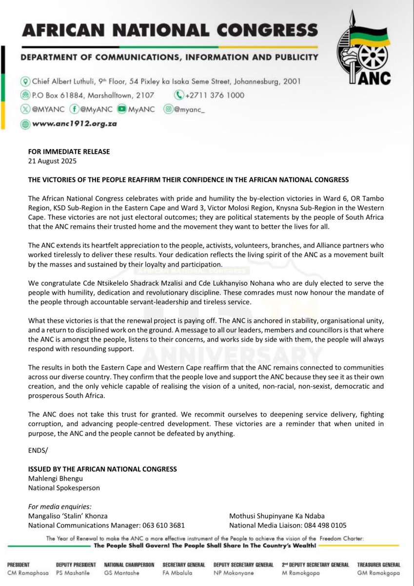 The ANC celebrates with pride and humility the by-election victories in Ward 6, OR Tambo Region, KSD Sub-Region in the Eastern Cape and Ward 3, Victor Molosi Region, Knysna Sub-Region in the Western Cape. These victories are not just electoral outcomes; they are political