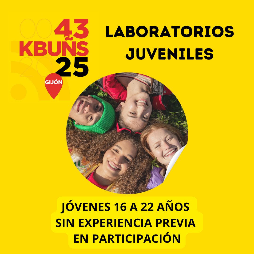 📢PLAZAS LIBRES‼️

⚡LABORATORIOS JUVENILES - 43 Encuentros Internacionales de Juventud de Cabueñes - KBUÑS 2025⚡

🎯 Jóvenes 16 a 22 años
🏠 ALOJAMIENTO SUBVENCIONADO‼️
📅Inscripción hasta 14 septiembre

👉 f.mtr.cool/ybzprtlntj

#kbuñs2025 #juventud #cultura #xixon