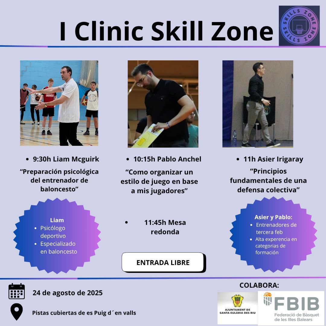 Comitè Tècnic FBIB (@ctecnicfbib) on Twitter photo 🤝🏻 Col•laboram amb el I Clinic Skill Zone on participen el psicòleg esportiu <a href="/LiamMcGuirk11/">Liam McGuirk</a> i els entrenadors Pablo Anchel i Asier Irigaray
🗓️ 24 d’agost
⏰ 9:30
📍 Pistes cobertes del Puig d’en Valls
#IllesDeBàsquet 🤝🏻 Col•laboram amb el I Clinic Skill Zone on participen el psicòleg esportiu <a href="/LiamMcGuirk11/">Liam McGuirk</a> i els entrenadors Pablo Anchel i Asier Irigaray
🗓️ 24 d’agost
⏰ 9:30
📍 Pistes cobertes del Puig d’en Valls
#IllesDeBàsquet