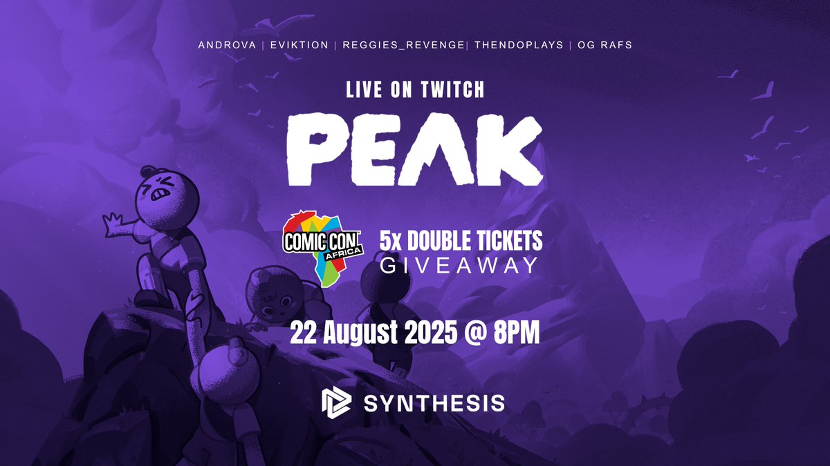 Rafs 🇺🇦 🇵🇹 (@rafs_za) on Twitter photo 🏔️ This Friday at 8PM - Team <a href="/SynthesisENMT/">Synthesis</a> takes on PEAK live on Twitch! 🎮
For every mountain we conquer, we’re giving away <a href="/ComicConAfrica/">Comic Con Africa</a> Thursday tickets! 🎟️🔥
<a href="/AndrovaZA/">SYN Androva</a> <a href="/EViKTiON_ZA/">SYN EViKTiON</a> <a href="/Reggies_Revenge/">SYN Reggies Revenge</a> <a href="/ThendoPlays/">Thendo 'Plays' Mukhavhuli</a> <a href="/Rafs_ZA/">Rafs 🇺🇦 🇵🇹</a>
#SYNCity #SYNGG #ComicConAfrica #Giveaway 🏔️ This Friday at 8PM - Team <a href="/SynthesisENMT/">Synthesis</a> takes on PEAK live on Twitch! 🎮
For every mountain we conquer, we’re giving away <a href="/ComicConAfrica/">Comic Con Africa</a> Thursday tickets! 🎟️🔥
<a href="/AndrovaZA/">SYN Androva</a> <a href="/EViKTiON_ZA/">SYN EViKTiON</a> <a href="/Reggies_Revenge/">SYN Reggies Revenge</a> <a href="/ThendoPlays/">Thendo 'Plays' Mukhavhuli</a> <a href="/Rafs_ZA/">Rafs 🇺🇦 🇵🇹</a>
#SYNCity #SYNGG #ComicConAfrica #Giveaway