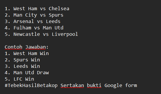 Buat Giveaway lagi aahh. Hadiah 300 rb.

Seru2an aja, kita tebak hasil 5 pertandingan kali ya. jawaban benar semua dapat hadiah untuk 2 org jd masing2 150rb

1. Retweet tweet ini
2. Wajib isi google form: forms.gle/2BCUVYNPV5S224…
3. jawaban sertakan bukti Google form

Cek pic