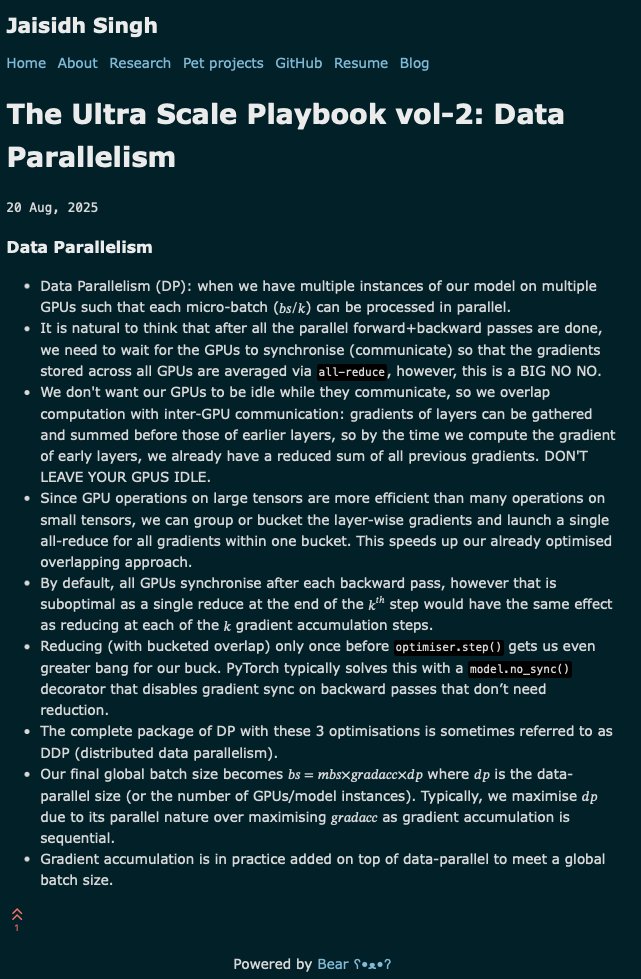 The Ultra-Scale Playbook is REALLY good. Gives clear &amp; specific info about LLM training tricks at scale as consecutive optimisation cascades. Gets a flow going.

Some notes I made so far (very chill, non-rigorous, basically patching pre-existing info in my head):