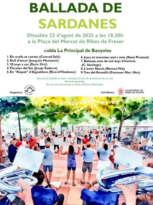Vall de Ribes (@vallderibes) on Twitter photo Última ballada de l’estiu!! Aquest dissabte 23 d’agost a les 18:30 a la Plaça del Mercat amb la cobla La Principal de Banyoles <a href="/AjRibesdeFreser/">Aj. Ribes de Freser</a> <a href="/RipollesTurisme/">Ripollès Turisme</a> <a href="/CorisaMediaGrup/">Corisa</a> <a href="/el9nou/">El 9 Nou</a> <a href="/elpuntavui/">El Punt Avui 🎗️</a> Última ballada de l’estiu!! Aquest dissabte 23 d’agost a les 18:30 a la Plaça del Mercat amb la cobla La Principal de Banyoles <a href="/AjRibesdeFreser/">Aj. Ribes de Freser</a> <a href="/RipollesTurisme/">Ripollès Turisme</a> <a href="/CorisaMediaGrup/">Corisa</a> <a href="/el9nou/">El 9 Nou</a> <a href="/elpuntavui/">El Punt Avui 🎗️</a>
