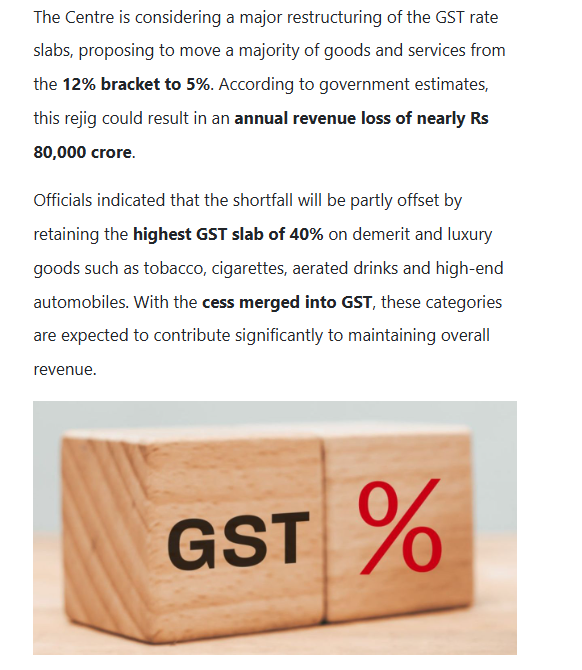 CAclubindia's tweet photo. Centre Plans Shift of Goods from 12% to 5% GST Slab, Revenue Loss Pegged at Rs 80,000 Crore