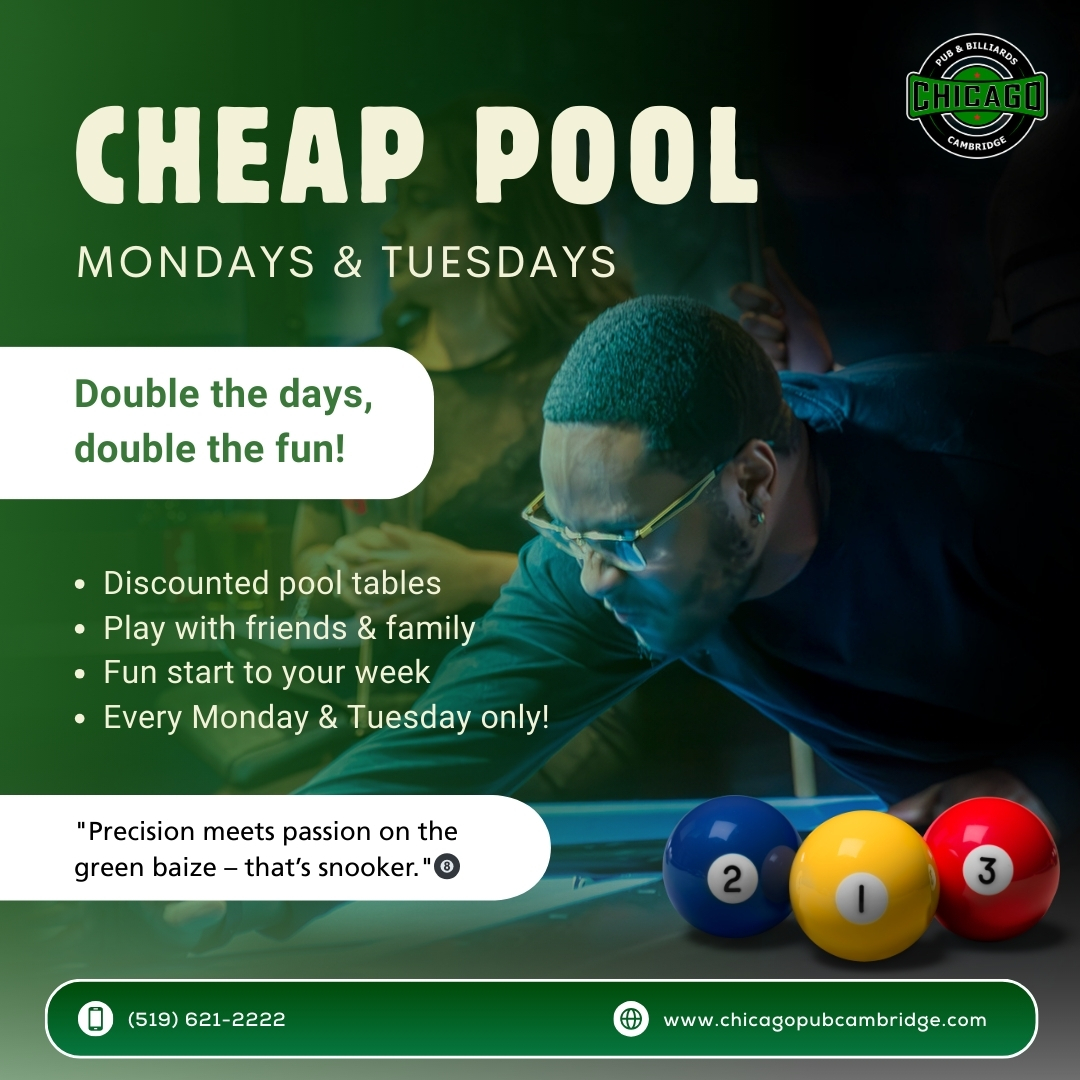 chicagopub_'s tweet image. Mondays &amp;amp; Tuesdays just got better – Cheap Pool nights at Chicago Pub &amp;amp; Billiards! Bring your friends, grab a cue, and start your week with fun.
#CheapPool #ChicagoPubCambridge #PoolNights #CambridgeOntario #BilliardsLife #PubVibes #PlayPool #NightOutCambridge #FunWithFriends