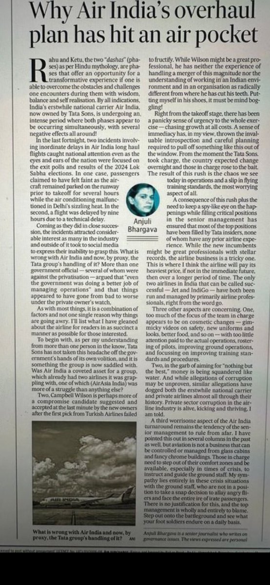 #AnjuliBhargava’s opinion piece on What Ails @AirIndia post the B787 Crash is a really good read:

hindustantimes.com/opinion/air-in…