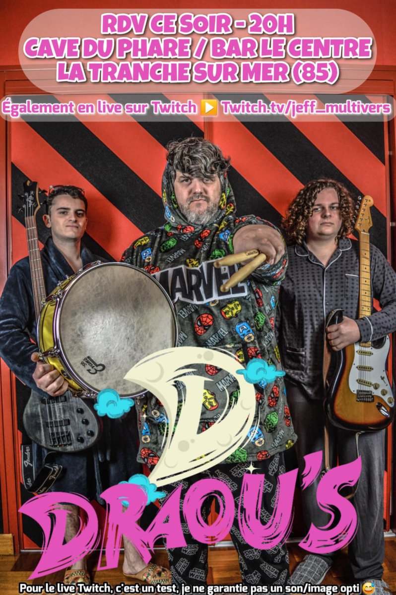 Jeff_Multivers's tweet photo. 🎶 Concert avec Draou’s à La Cave du Phare & Bar le Centre à La Tranche-sur-Mer (85) 🎶
👉👉Live en cours sur 🟣 https://t.co/sCK8WSLBXU
On vous attend nombreux ! ✨🎤 #Concert #LiveMusic #draous #live #twitch #vendee #latranchesurmer #sortirenvendée #music #streaming https://t.co/DfdtuirYpV