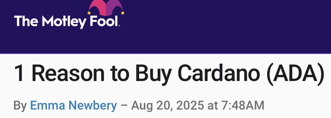 Mintern (@minswapintern) on Twitter photo BREAKING NEWS:
MOTLEY FOOL BACKS CARDANO ๐ฑ๐ฑ๐ฅ๐ฅ
<a href="/themotleyfool/">The Motley Fool</a> names peer-reviewed development as the #1 reason to buy Cardano $ADA built for long-term sustainability, scalability, and real-world adoption.
Is this the ultimate green light for ADA investors? BREAKING NEWS:
MOTLEY FOOL BACKS CARDANO ๐ฑ๐ฑ๐ฅ๐ฅ
<a href="/themotleyfool/">The Motley Fool</a> names peer-reviewed development as the #1 reason to buy Cardano $ADA built for long-term sustainability, scalability, and real-world adoption.
Is this the ultimate green light for ADA investors?