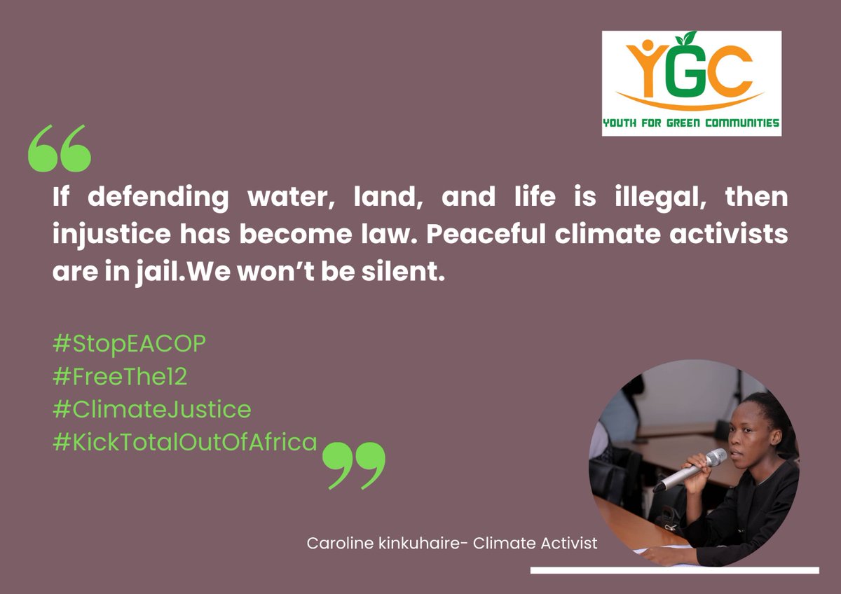 WemUganda's tweet photo. If defending water, land, and life is illegal, then injustice has become law. Peaceful climate activists are in jail. We wonβt be silent. #PackAndGo #FreeThe12 #ClimateJustice #KickTotalOutOfAfrica https://t.co/dpkJbwsEQN