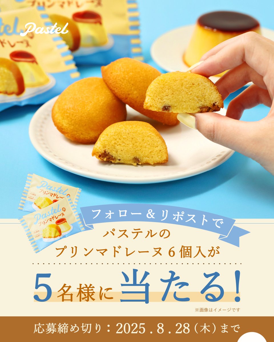 パステルデザート【公式】 (@pastel_npudding) on Twitter photo 🍮発売記念🍮プレゼントキャンペーン!
『パステルのプリンマドレーヌ』6個入が
5名様に当たる🎁
🩵応募方法
①<a href="/pastel_npudding/">パステルデザート【公式】</a> をフォロー
②本投稿をリポスト🔃
8/28(木)応募〆切
🍮pastel-pudding.com/news/pudding_m… 🍮発売記念🍮プレゼントキャンペーン!
『パステルのプリンマドレーヌ』6個入が
5名様に当たる🎁
🩵応募方法
①<a href="/pastel_npudding/">パステルデザート【公式】</a> をフォロー
②本投稿をリポスト🔃
8/28(木)応募〆切
🍮pastel-pudding.com/news/pudding_m…