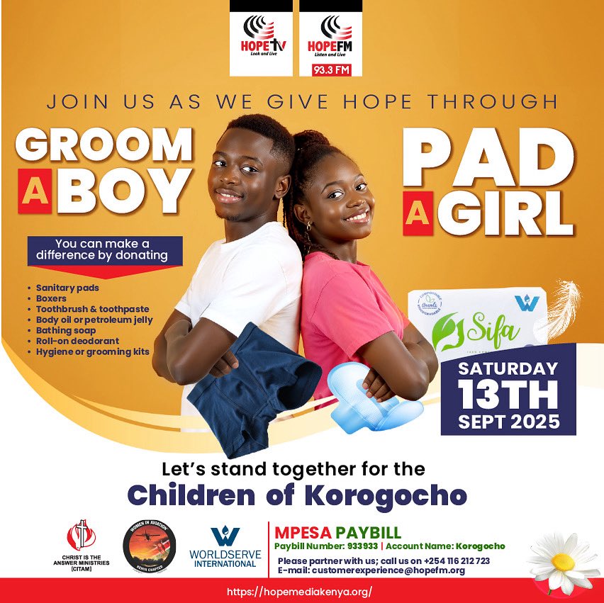 Groom a boy🎖️ Pad a girl🌸

Let’s stand together for the Children of Korogocho🤗
You can make a difference by donating items shared on the poster.

Paybill No: 933933
Account No: Korogocho💶

#standinginthegap #helptheneedy #instepwiththespirit