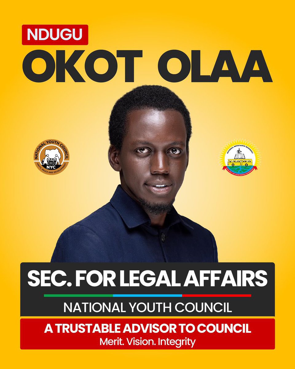 Meet my friend Ndugu <a href="/OkotOlaa/">Okot Olaa</a> 

He’s running for Secretary for Legal Affairs at the National Youth Council. 

A trusted advisor committed to merit, vision, and integrity. Let’s support a leader who will make a difference!
#OkotOloa #NationalYouthCouncil