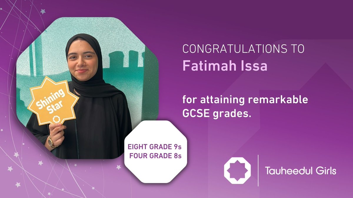 TauheedulGirls's tweet image. Congratulations to Fatimah…achieving the top Grade 9 in eight subjects as well as four Grade 8s!
#tauheedul #GCSEs #GCSEResultsDay #ResultsDay #WeAreStar @StarAcademies