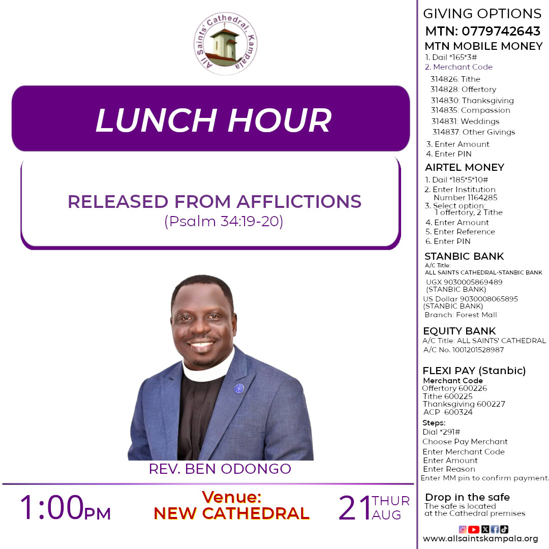 Join us for Lunch Hour physically at the cathedral on Thursday, 21st August 2025 at 1pm. Come with a friend !! 

#ASCKLunchHour #Prayer #ASCKChurchOnline
