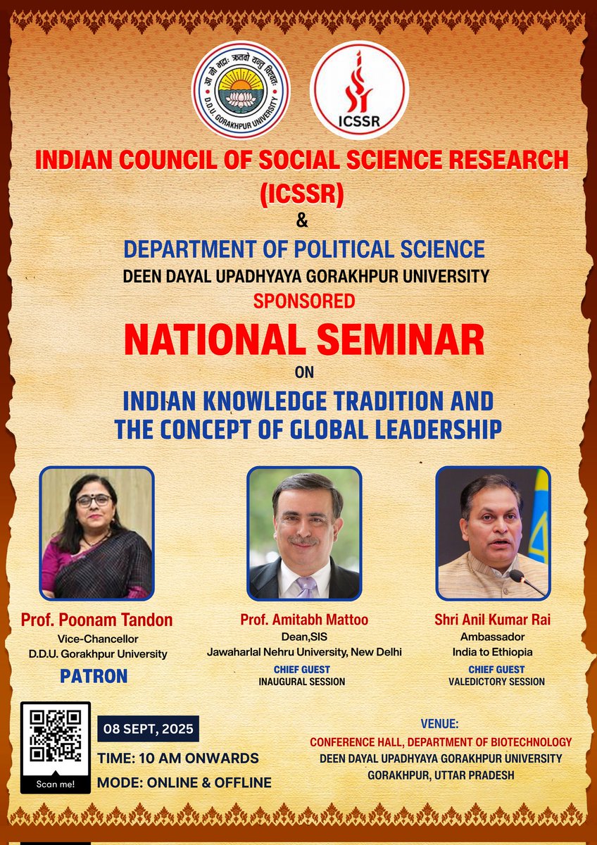 MKSinghGkp's tweet image. Hon’ble Vice Chancellor Prof. Poonam Tandon unveiled the poster of the National Seminar “Indian Knowledge Tradition and the Concept of Global Leadership” to be organized by the Department of Political Science, DDUGU on 8 Sept, 2025.