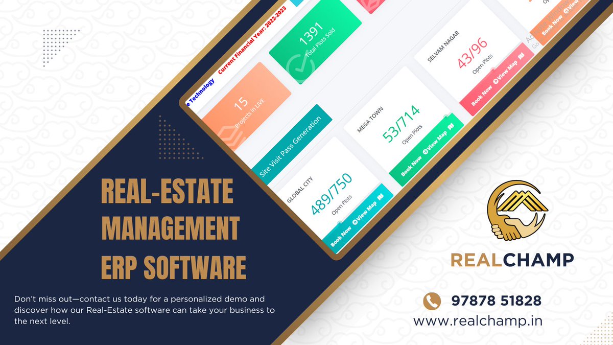 dicetechtrichy's tweet image. 🚀 Running a #RealEstate business?
Managing #plots, projects & site visits shouldn’t be a headache. That’s why RealChamp #ERPSoftware is here! 🚀
✨ One Dashboard – All Control
✨ Smarter, Faster, Easier Management
📞 97878 51828
🌐 realchamp.in
#realestatesoftware