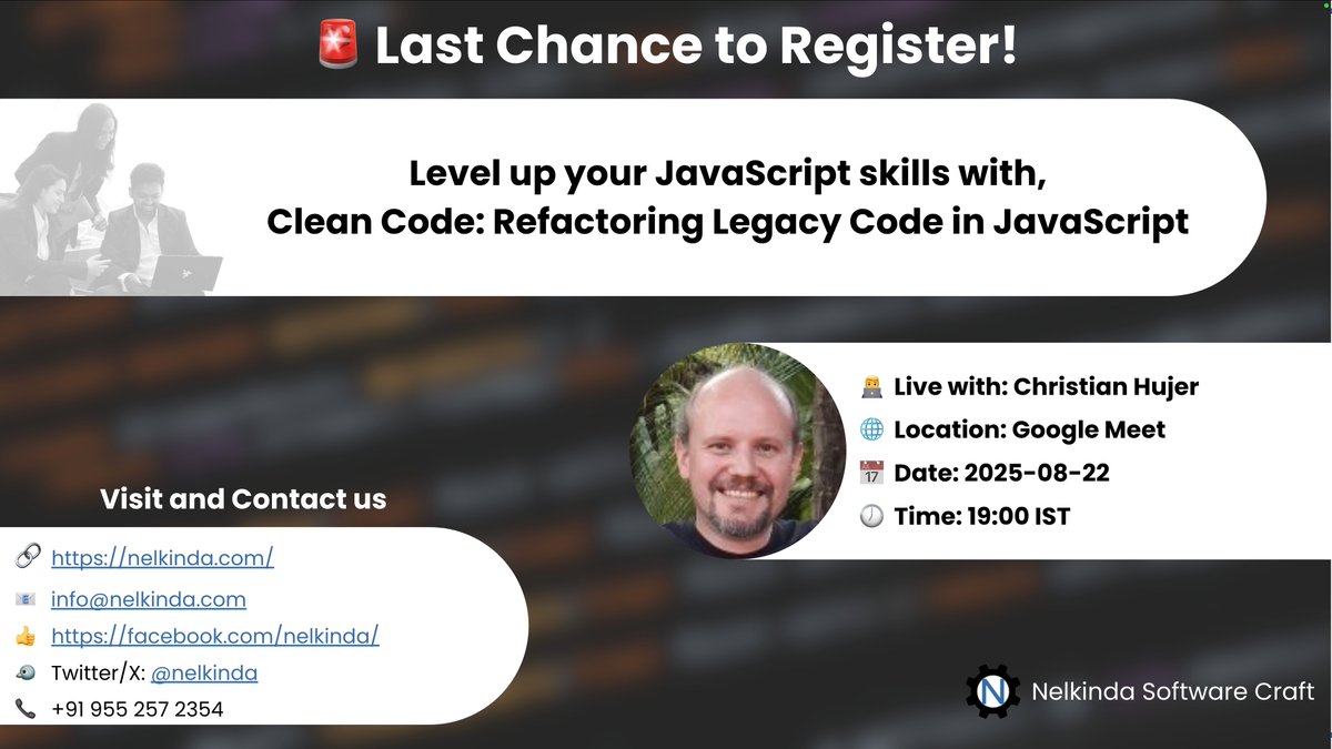 nelkinda's tweet image. 🚨 Final call — TOMORROW! Clean Code: Refactoring Legacy Code in JavaScript with @nelkinda & @christianhujer 19:00 IST
🎟 Triffuns: triffuns.com/events/d07106a…
Or 
🎟 Meetup: meetup.com/meetup-group-n…
#LastChance #Refactoring #JavaScript