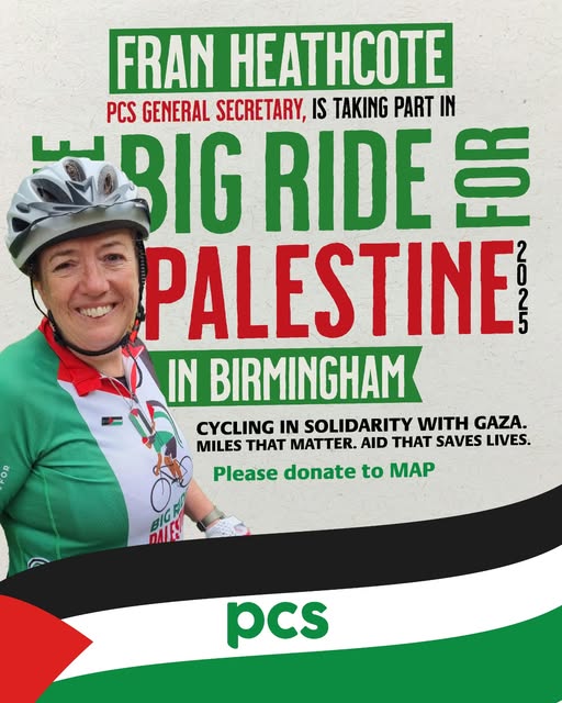 PCS general secretary Fran Heathcote has just completed the Big Ride for Palestine, a charity bike ride to raise money for the people of Palestine.
Read Fran's blog about her experiences - and find out how you can still donate!
pcs.org.uk/news-events/bl…