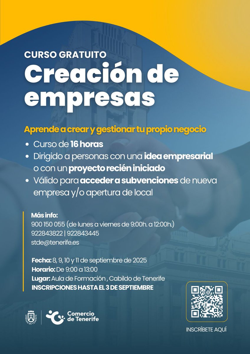 Comercio de Tenerife (@comerciotf) on Twitter photo 🚀 ¿Estás pensando en emprender? ¡Este curso es para ti!
El <a href="/CabildoTenerife/">Cabildo de Tenerife</a> organiza un curso gratuito de CREACIÓN DE EMPRESAS, pensado para todas aquellas personas que quieran lanzar su proyecto o lo hayan hecho recientemente. 🚀 ¿Estás pensando en emprender? ¡Este curso es para ti!
El <a href="/CabildoTenerife/">Cabildo de Tenerife</a> organiza un curso gratuito de CREACIÓN DE EMPRESAS, pensado para todas aquellas personas que quieran lanzar su proyecto o lo hayan hecho recientemente.