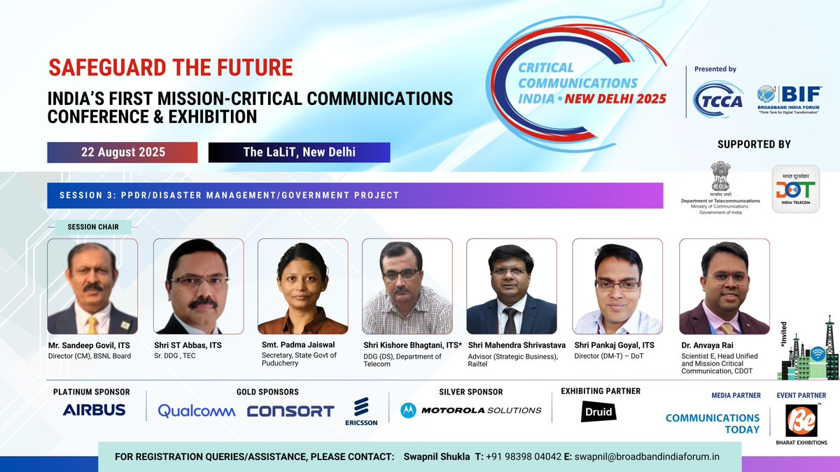 Broadband India Forum (@connectbif) on Twitter photo 3rd Session at 1st #MissionCriticalCommunications Conference
<a href="/CritCommsSeries/">TCCA Critical Communications World</a> <a href="/comms_today/">Communications Today</a> <a href="/BSNLCorporate/">BSNL India</a> <a href="/DoT_India/">DoT India</a> <a href="/ministryofhome1/">ministryofhomeaffairs</a> <a href="/CDOT_India/">C-DOT</a> <a href="/RailTel/">RailTel</a> 3rd Session at 1st #MissionCriticalCommunications Conference
<a href="/CritCommsSeries/">TCCA Critical Communications World</a> <a href="/comms_today/">Communications Today</a> <a href="/BSNLCorporate/">BSNL India</a> <a href="/DoT_India/">DoT India</a> <a href="/ministryofhome1/">ministryofhomeaffairs</a> <a href="/CDOT_India/">C-DOT</a> <a href="/RailTel/">RailTel</a>
