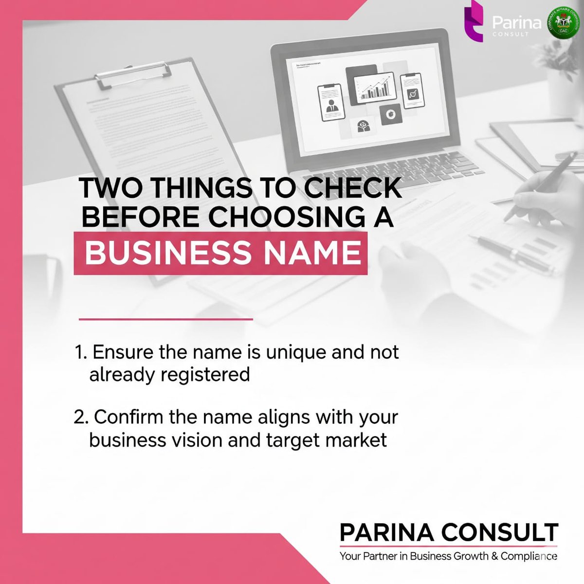 parina_consult's tweet photo. Choosing the right business name is the first step toward building a strong brand identity.
✅ Make sure it’s unique and available.
✅ Ensure it reflects your vision and market.
At Parina Consult, we guide you through every step of business registration and compliance. 

#ParinaConsult #BusinessGrowth #BusinessName #Entrepreneurship #BusinessRegistration #StartupTips #SME #BusinessSuccess #Compliance #BusinessStrategy