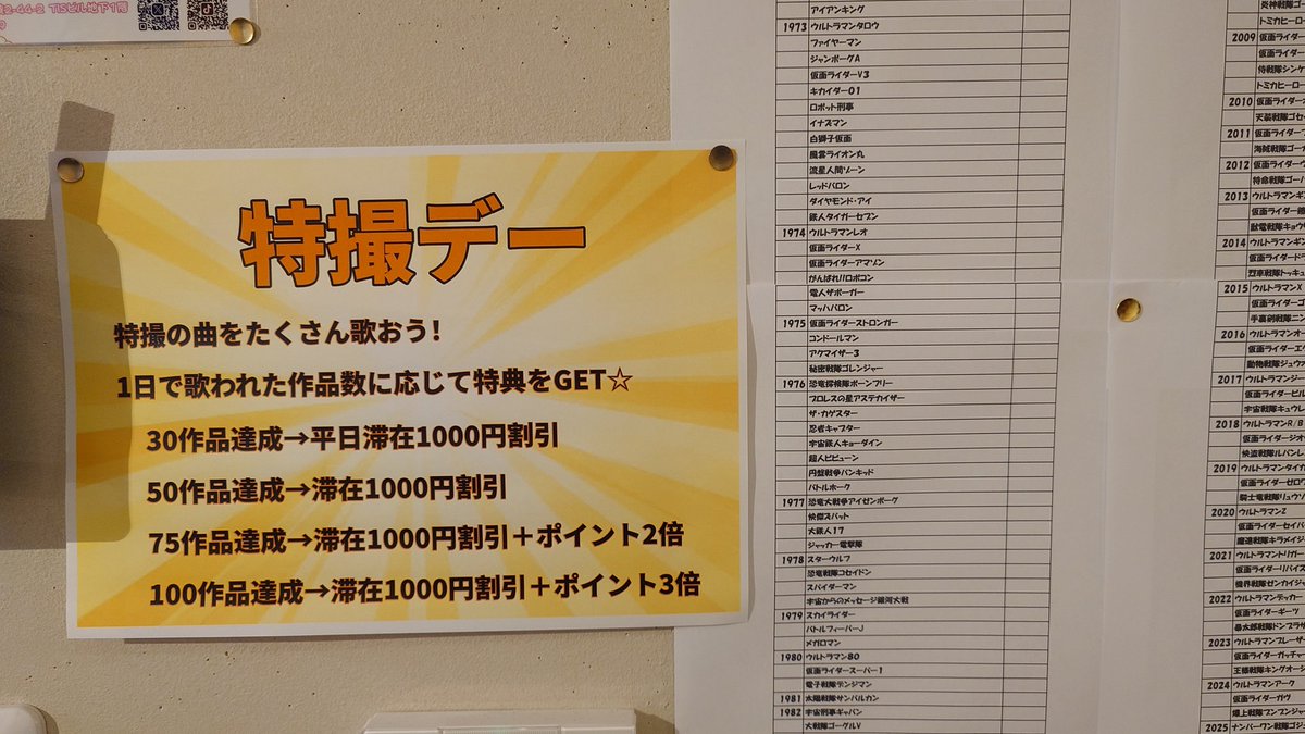 おはぶくろ🦉✨️

今日は特撮デー👊🏍️🌠

歌われた作品数に応じて特典がランクアップするよ！！めざせ100作品達成！！

早番：まちこ、ツナ(19時半〜)
遅番：紅音、せせり