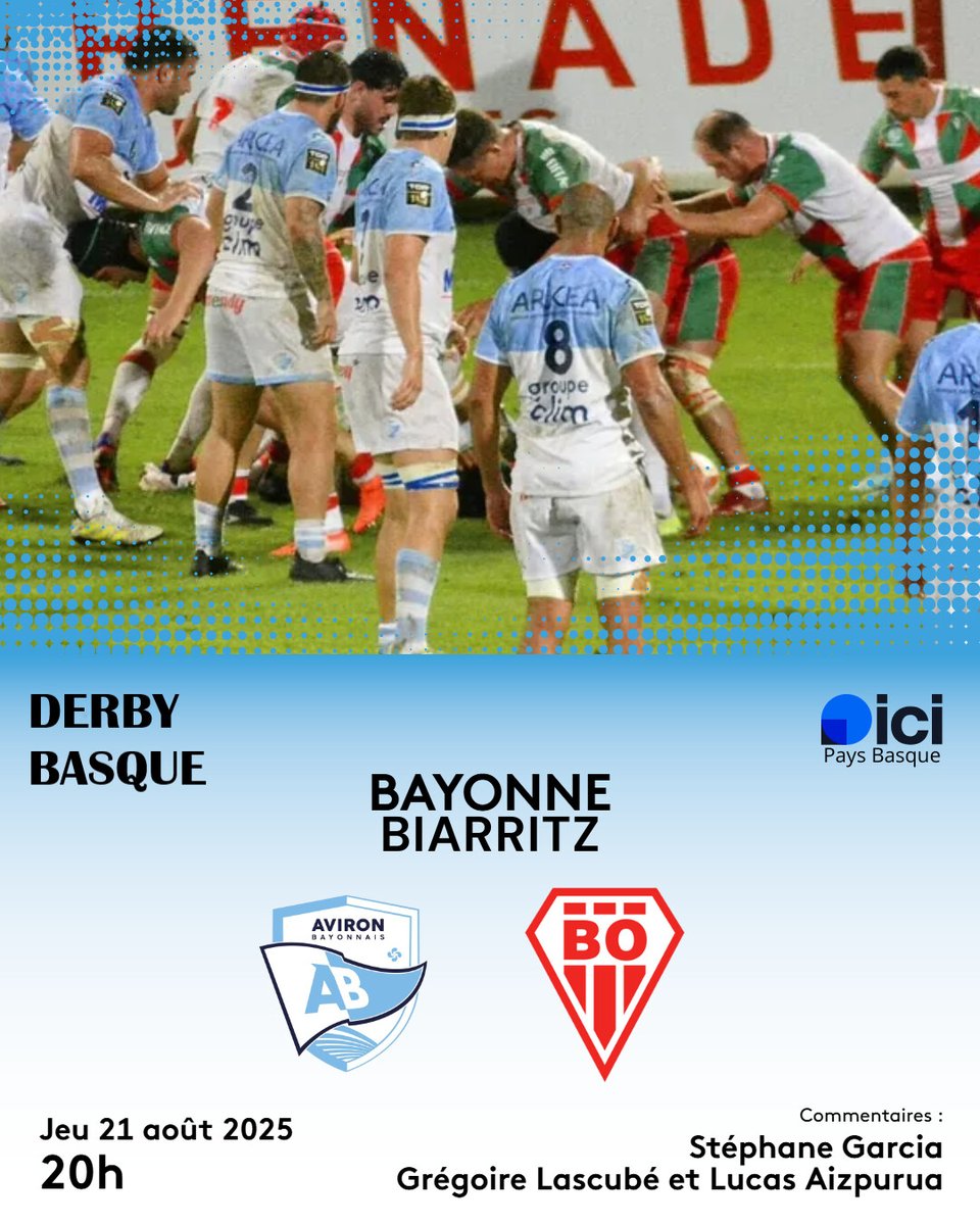icipaysbasque's tweet photo. 💥 𝐉𝐎𝐔𝐑 𝐃𝐄 𝐃𝐄𝐑𝐁𝐘 ! 🏉

🔵⚪ Aviron Bayonnais 🆚 Biarritz Olympique 🔴⚪
📍 stade Jean-Dauger
⏰ dès 19h45 sur ICI Pays Basque

🎤 @StephaneGrcia Grégoire Lascube et @LucasAizpurua 

#ABBO | #Top14 | #ProD2 | #teamAB | #aupaBO | #ICISport https://t.co/l5ZVU3na6n