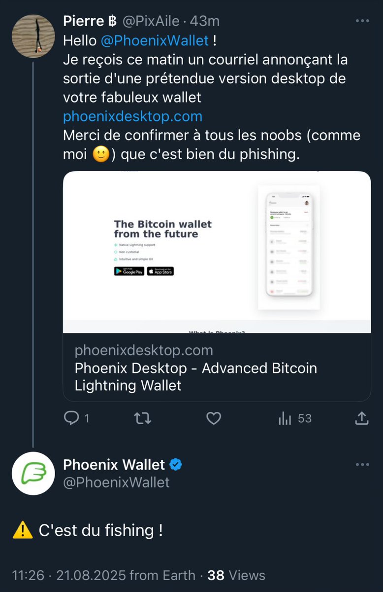Yves Bennaïm 🌿 ∞/21ᴍ (@zlok) on Twitter photo ⚠️ PSA:
phoenixdesktop(.)com is NOT the real <a href="/PhoenixWallet/">Phoenix Wallet</a>
It's a PHISHING app.
DO NOT INSTALL / USE! ⚠️ PSA:
phoenixdesktop(.)com is NOT the real <a href="/PhoenixWallet/">Phoenix Wallet</a>
It's a PHISHING app.
DO NOT INSTALL / USE!