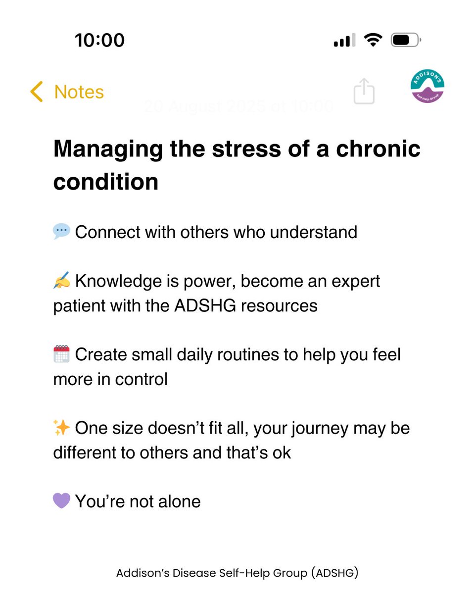 Living with a chronic condition like Addison’s and adrenal insufficiency can be stressful, and stress can make the condition worse and symptoms harder to manage.

Inspired by #NationalWellnessMonth, we want to share some important reminders that can help ease these feelings 👇